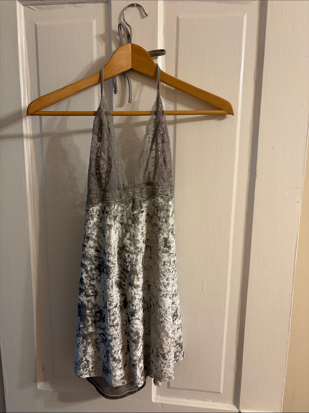 Silver Velvet Lace-Trim Slip Dress